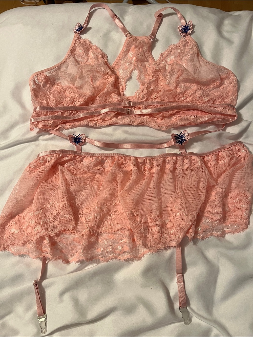 Sheer Lace Bralette & Garter Skirt Set - Pink